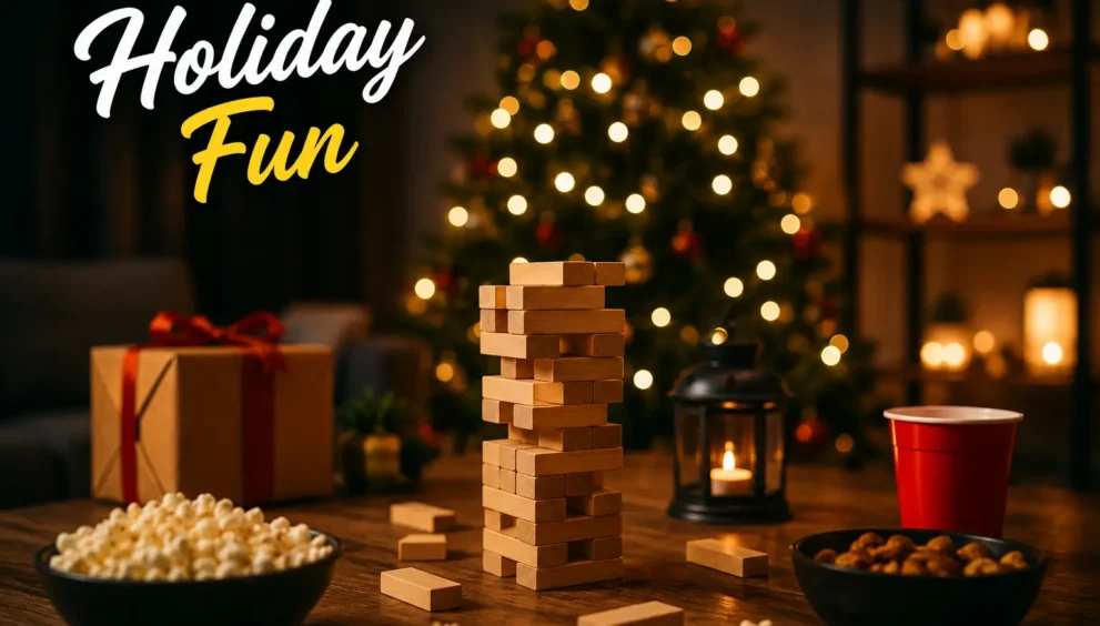 "Holiday Party Ideas for Adults and Friends Night Gatherings with festive game night setup"