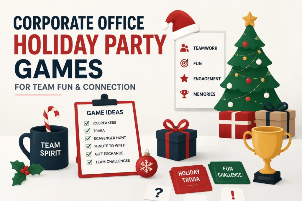 Corporate Office Holiday Party Games bringing teams together through fun workplace activities, holiday challenges, team building games, and festive office celebrations.