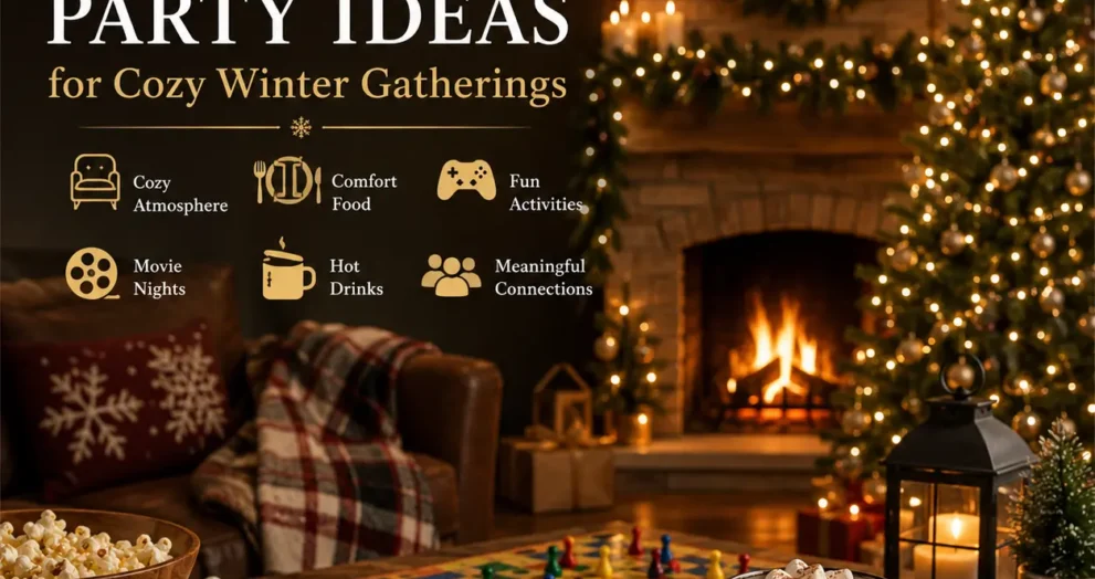 Indoor Holiday Party Ideas for cozy winter gatherings with warm fireplace, hot chocolate, festive décor, board games, and comfortable indoor atmosphere.