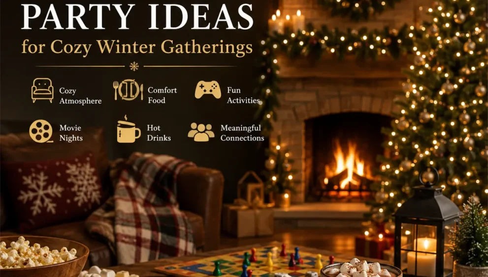 Indoor Holiday Party Ideas for cozy winter gatherings with warm fireplace, hot chocolate, festive décor, board games, and comfortable indoor atmosphere.