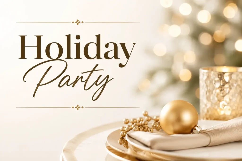 Luxury Holiday Party Ideas for Elegant Celebrations featuring sophisticated holiday table décor, golden accents, soft lighting, and a refined festive atmosphere.