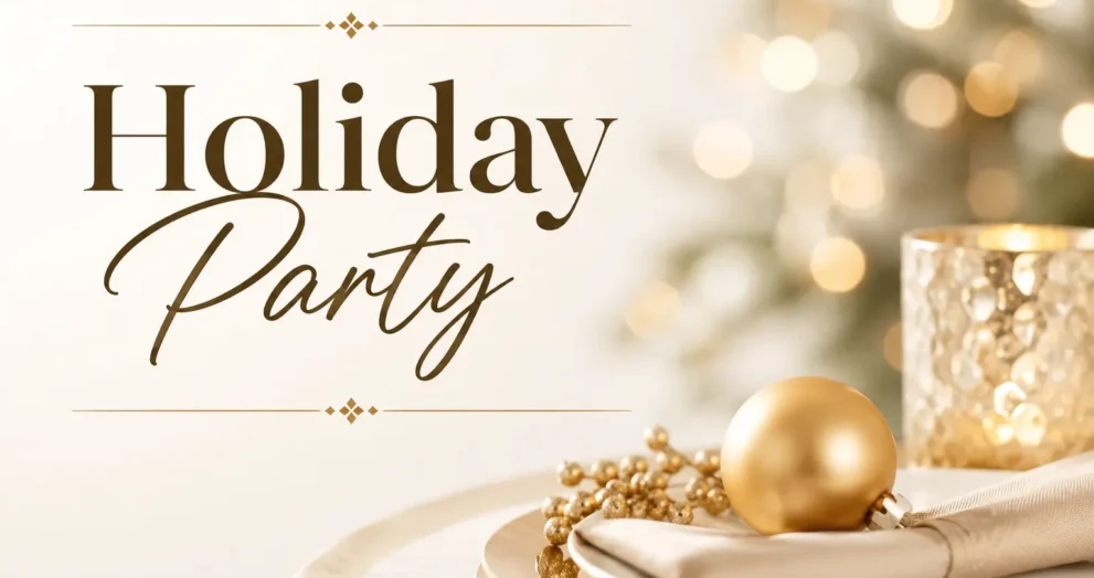Luxury Holiday Party Ideas for Elegant Celebrations featuring sophisticated holiday table décor, golden accents, soft lighting, and a refined festive atmosphere.