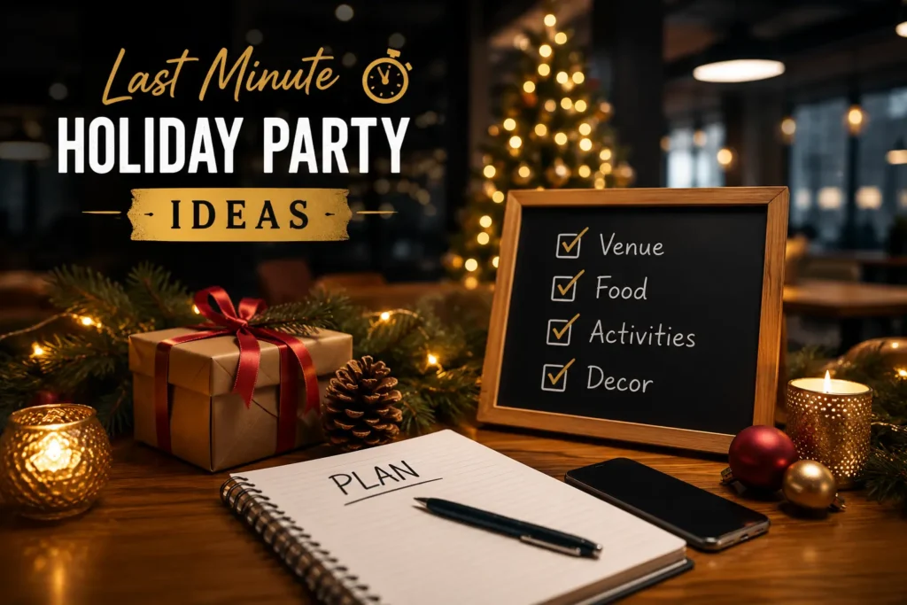 Last minute holiday party ideas setup with a planning checklist, festive decorations, warm lights, gift box, candles, and a quick holiday celebration arrangement for easy event planning.