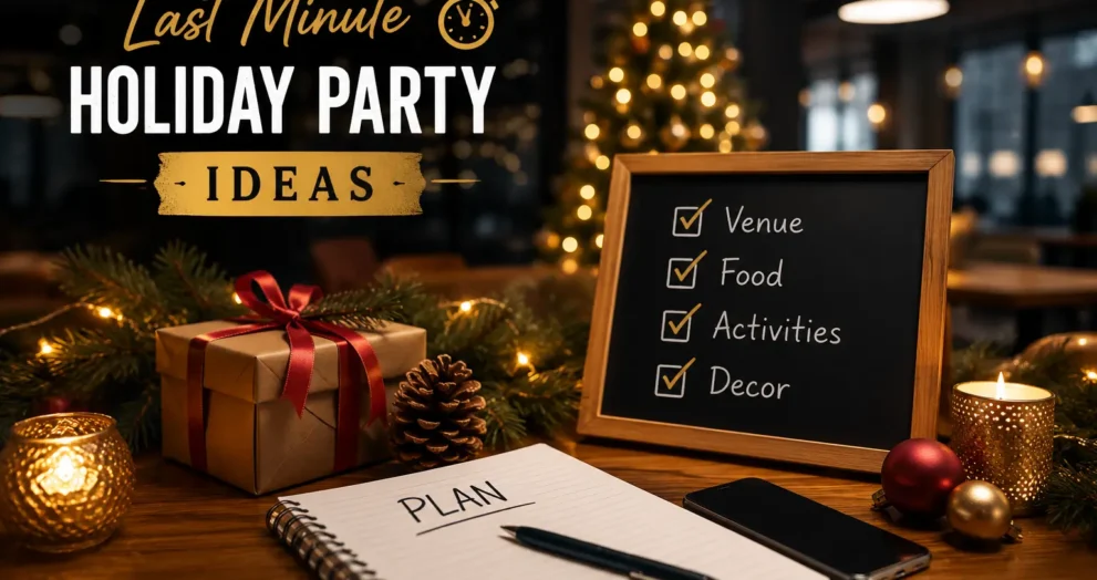 Last minute holiday party ideas setup with a planning checklist, festive decorations, warm lights, gift box, candles, and a quick holiday celebration arrangement for easy event planning.