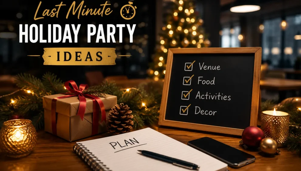 Last minute holiday party ideas setup with a planning checklist, festive decorations, warm lights, gift box, candles, and a quick holiday celebration arrangement for easy event planning.
