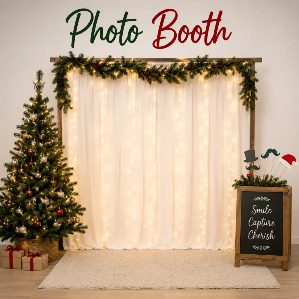 Holiday party ideas photo booth setup with festive backdrop, string lights, fun props, and cozy holiday decorations for memorable celebrations.