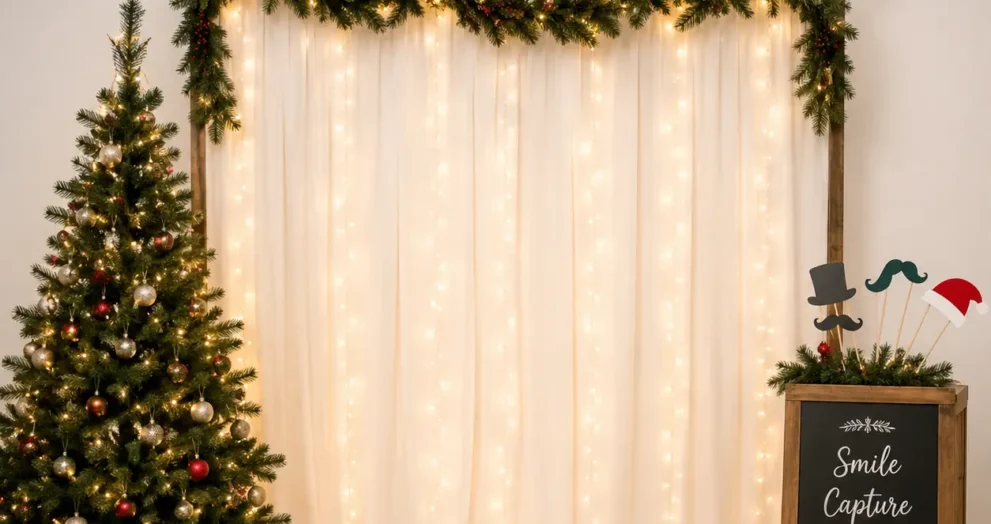 Holiday party ideas photo booth setup with festive backdrop, string lights, fun props, and cozy holiday decorations for memorable celebrations.