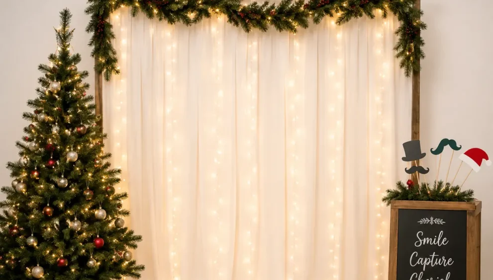 Holiday party ideas photo booth setup with festive backdrop, string lights, fun props, and cozy holiday decorations for memorable celebrations.