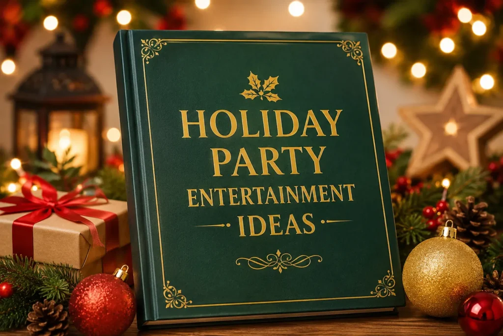 Holiday Party Entertainment Ideas book cover with festive decorations, lights, ornaments, and creative activities for a perfect party atmosphere.