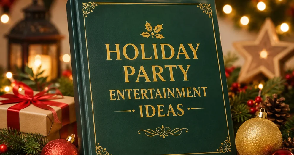 Holiday Party Entertainment Ideas book cover with festive decorations, lights, ornaments, and creative activities for a perfect party atmosphere.