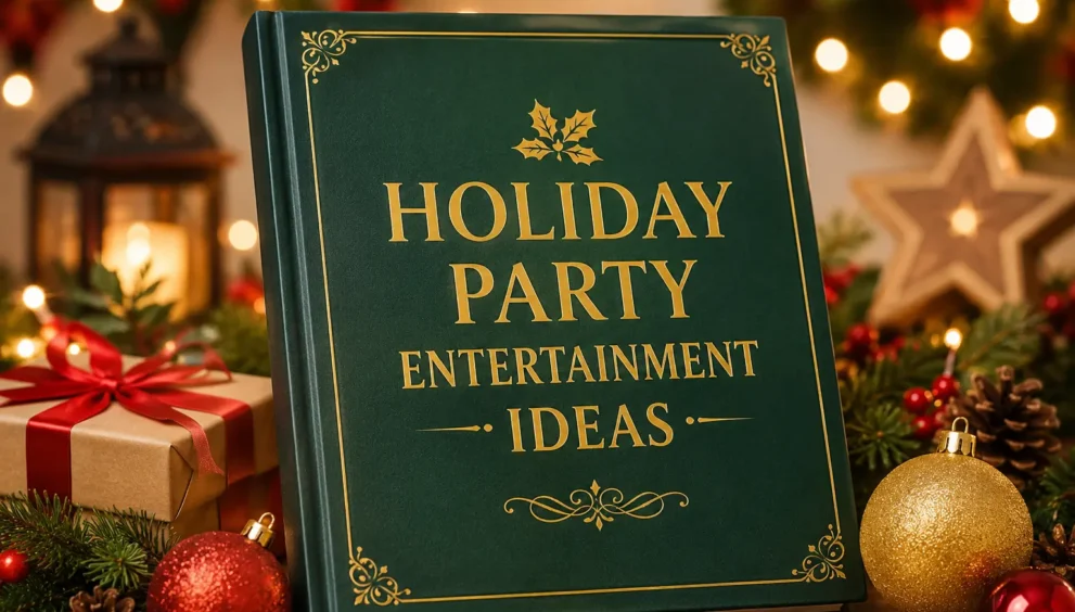 Holiday Party Entertainment Ideas book cover with festive decorations, lights, ornaments, and creative activities for a perfect party atmosphere.