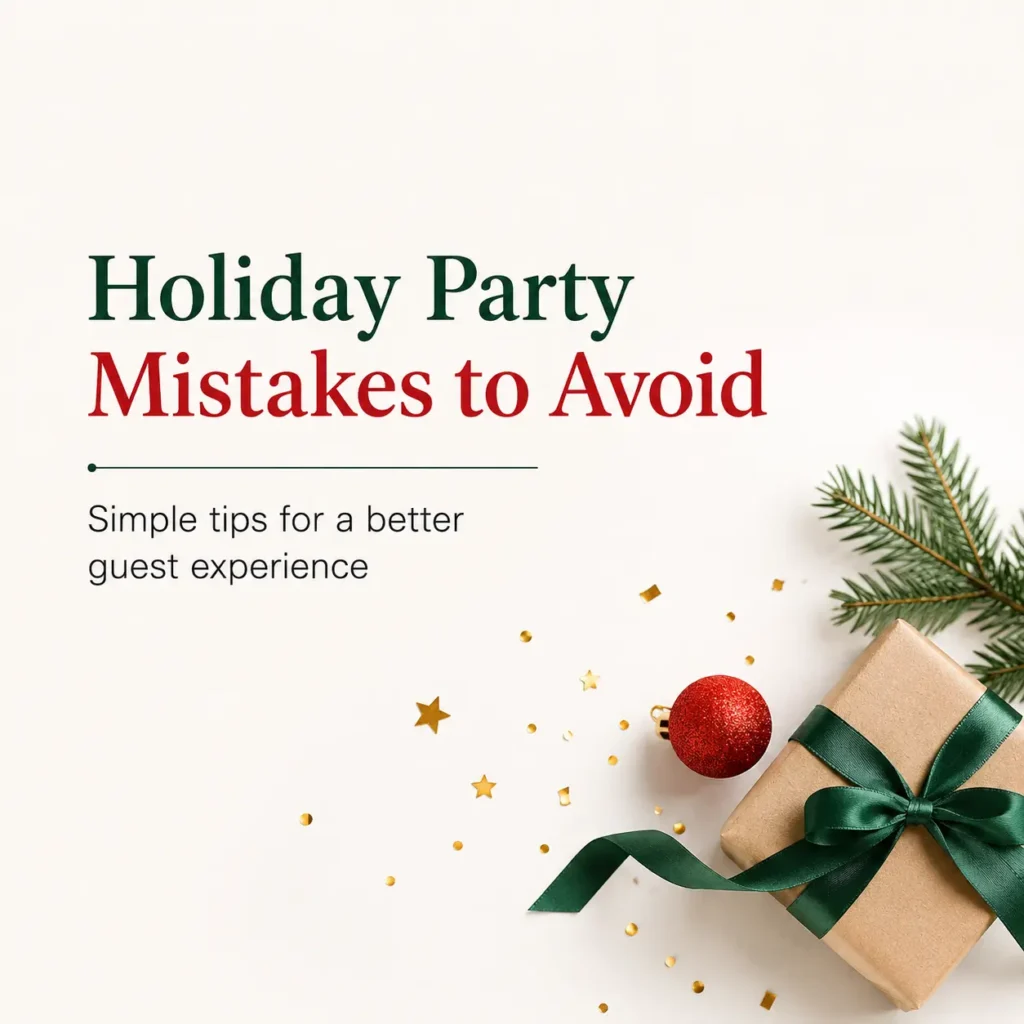 Holiday Party Mistakes to Avoid guide featuring festive decorations and simple tips for creating a better guest experience at holiday gatherings.