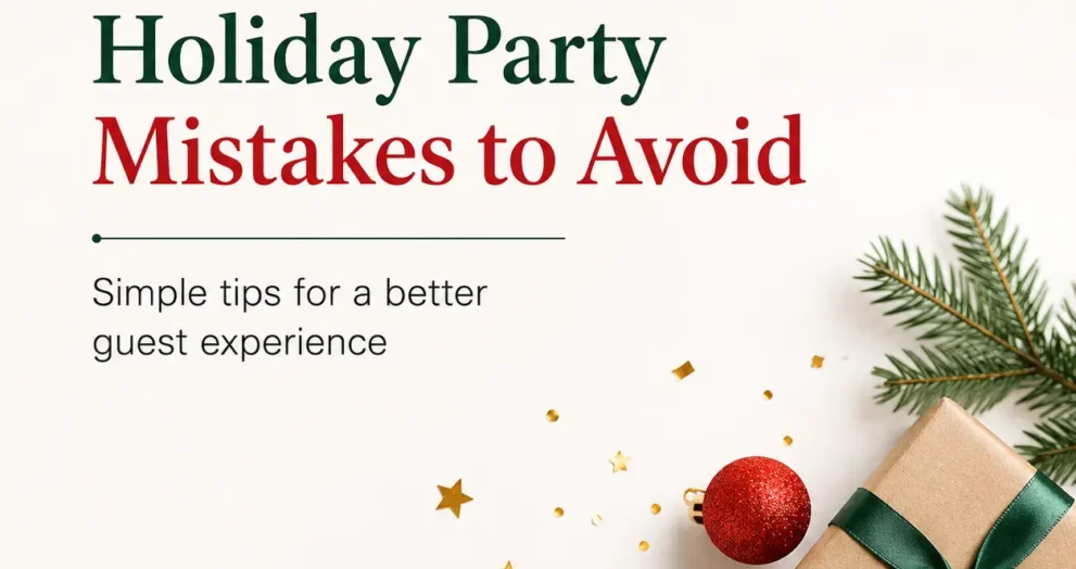 Holiday Party Mistakes to Avoid guide featuring festive decorations and simple tips for creating a better guest experience at holiday gatherings.