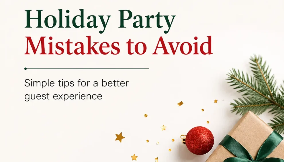Holiday Party Mistakes to Avoid guide featuring festive decorations and simple tips for creating a better guest experience at holiday gatherings.