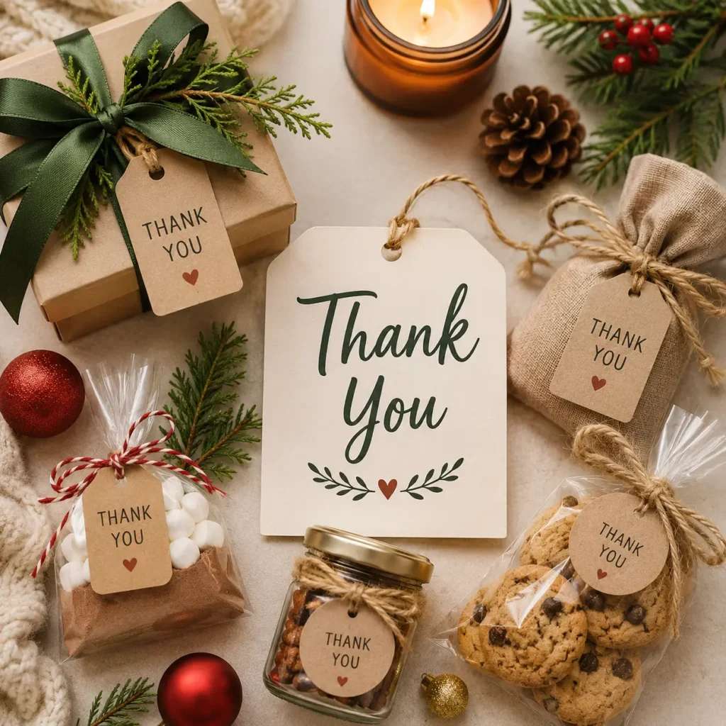 Holiday party favor ideas with thank you gifts, cookies, candles, gift boxes, and festive keepsakes arranged for guests.