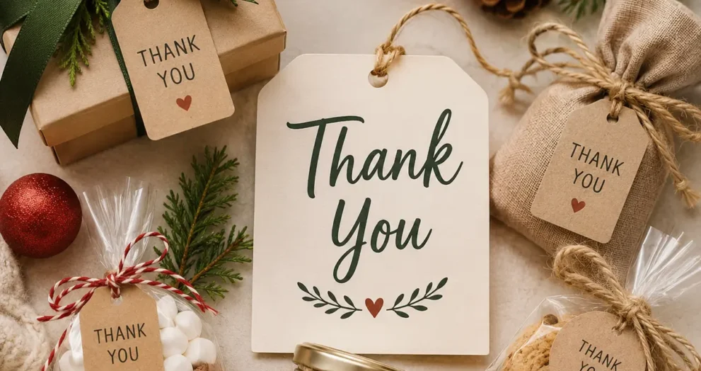Holiday party favor ideas with thank you gifts, cookies, candles, gift boxes, and festive keepsakes arranged for guests.