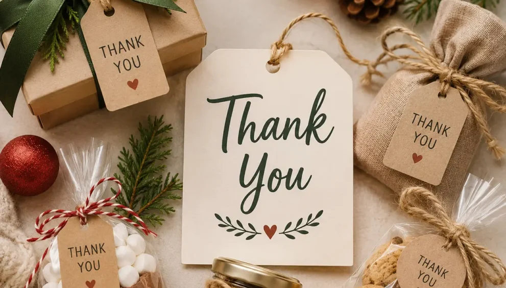 Holiday party favor ideas with thank you gifts, cookies, candles, gift boxes, and festive keepsakes arranged for guests.