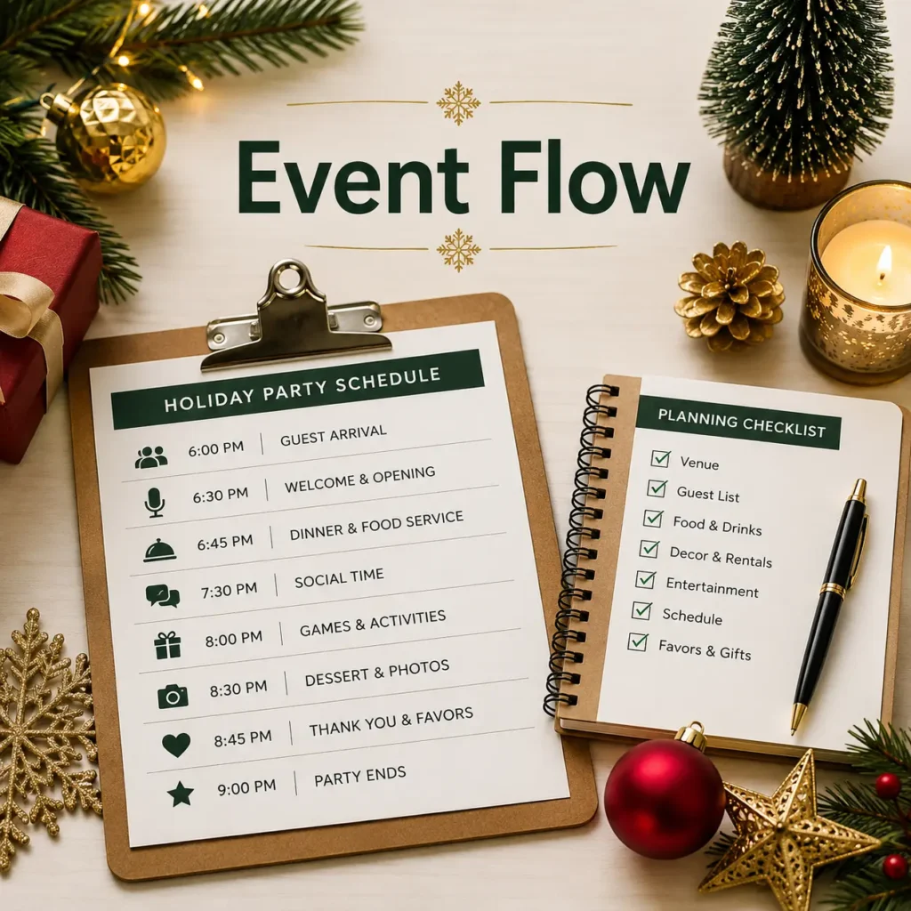 Holiday party schedule ideas for smooth event flow featuring an organized holiday planner, event timeline, checklist, and festive decorations.