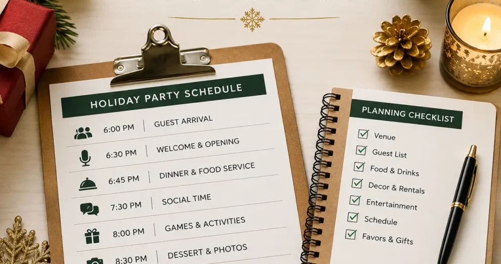 Holiday party schedule ideas for smooth event flow featuring an organized holiday planner, event timeline, checklist, and festive decorations.