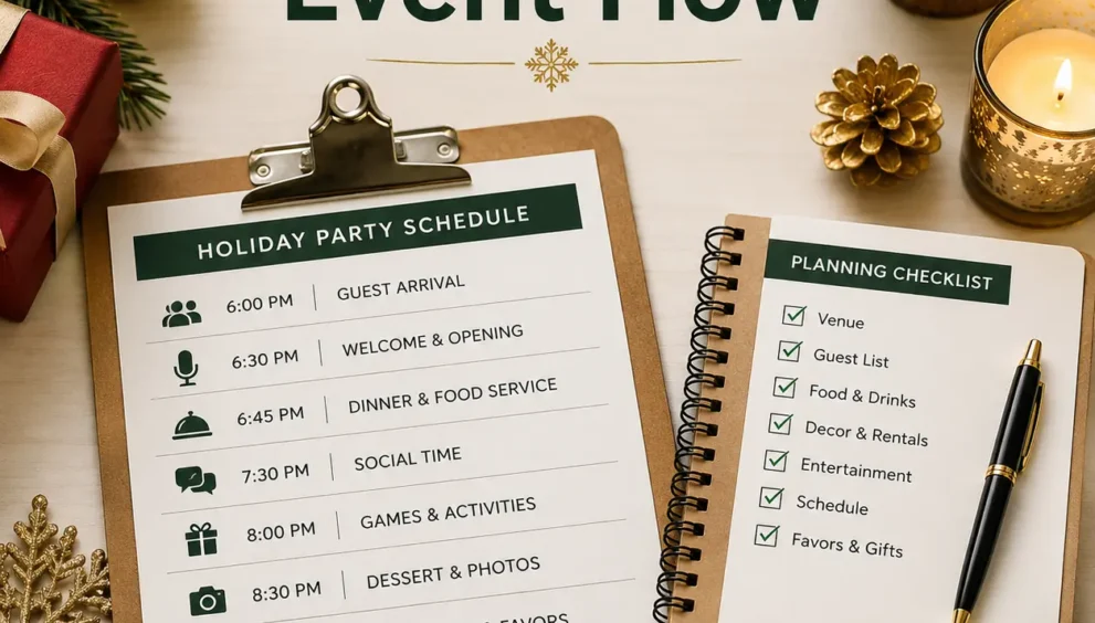 Holiday party schedule ideas for smooth event flow featuring an organized holiday planner, event timeline, checklist, and festive decorations.