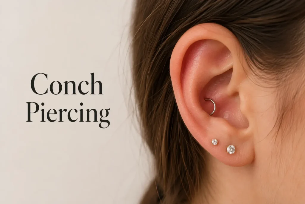 Conch Piercing lessons showing a professional close-up of ear jewelry, highlighting healing awareness, cartilage placement, and beginner piercing experiences.