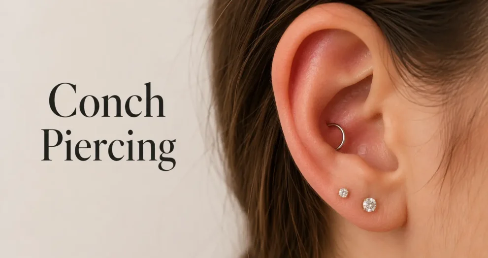 Conch Piercing lessons showing a professional close-up of ear jewelry, highlighting healing awareness, cartilage placement, and beginner piercing experiences.