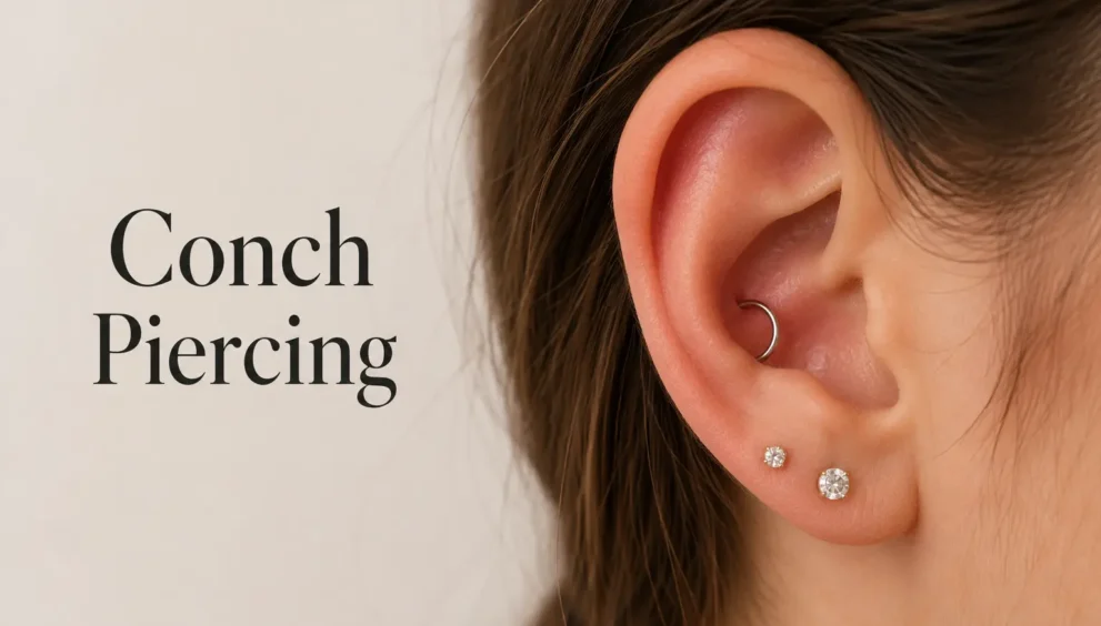 Conch Piercing lessons showing a professional close-up of ear jewelry, highlighting healing awareness, cartilage placement, and beginner piercing experiences.