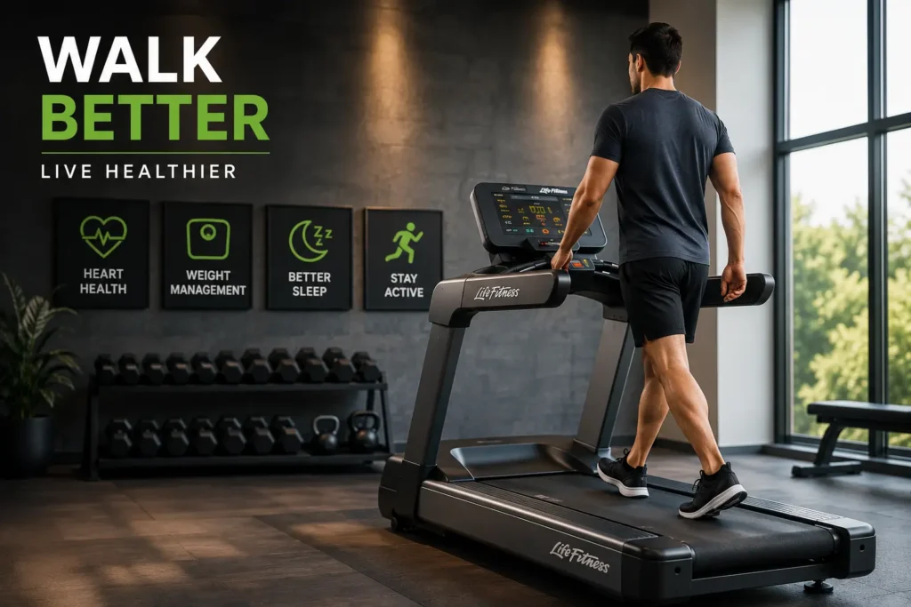 Benefits of Walking on a Life Fitness Treadmill for heart health, weight management, improved fitness, and daily wellness.