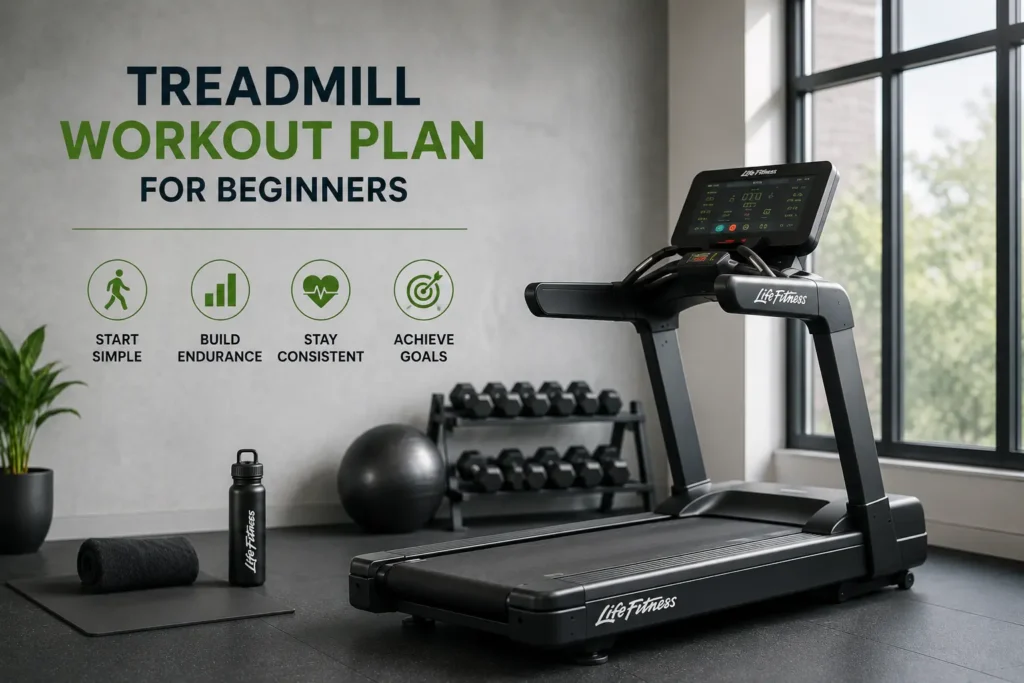 Life Fitness Treadmill Workout Plan for Beginners featuring a beginner walking on a treadmill with a structured fitness routine for endurance, weight management, and healthy lifestyle improvement.