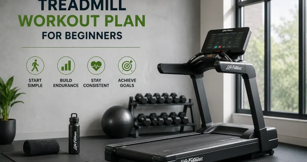 Life Fitness Treadmill Workout Plan for Beginners featuring a beginner walking on a treadmill with a structured fitness routine for endurance, weight management, and healthy lifestyle improvement.