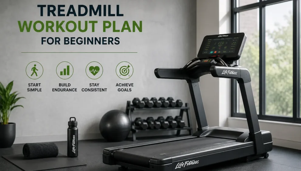 Life Fitness Treadmill Workout Plan for Beginners featuring a beginner walking on a treadmill with a structured fitness routine for endurance, weight management, and healthy lifestyle improvement.