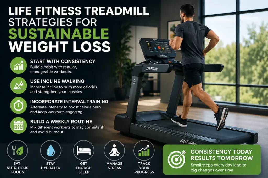 Life Fitness Treadmill Strategies for Sustainable Weight Loss showing a man exercising on a treadmill with incline walking, interval training, and healthy fitness habits for long-term weight management.