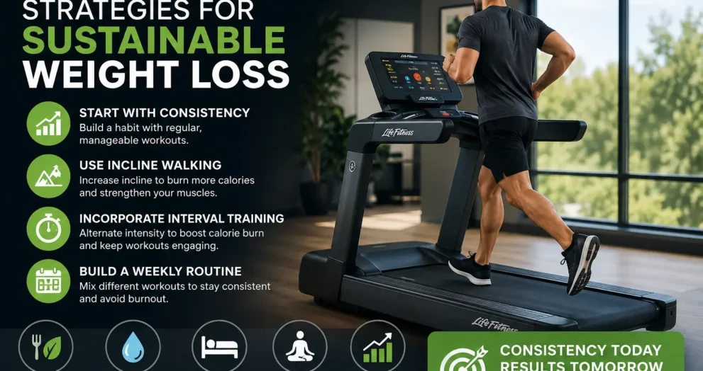 Life Fitness Treadmill Strategies for Sustainable Weight Loss showing a man exercising on a treadmill with incline walking, interval training, and healthy fitness habits for long-term weight management.