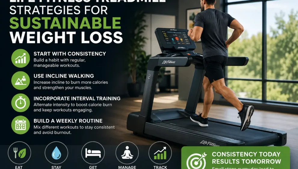 Life Fitness Treadmill Strategies for Sustainable Weight Loss showing a man exercising on a treadmill with incline walking, interval training, and healthy fitness habits for long-term weight management.