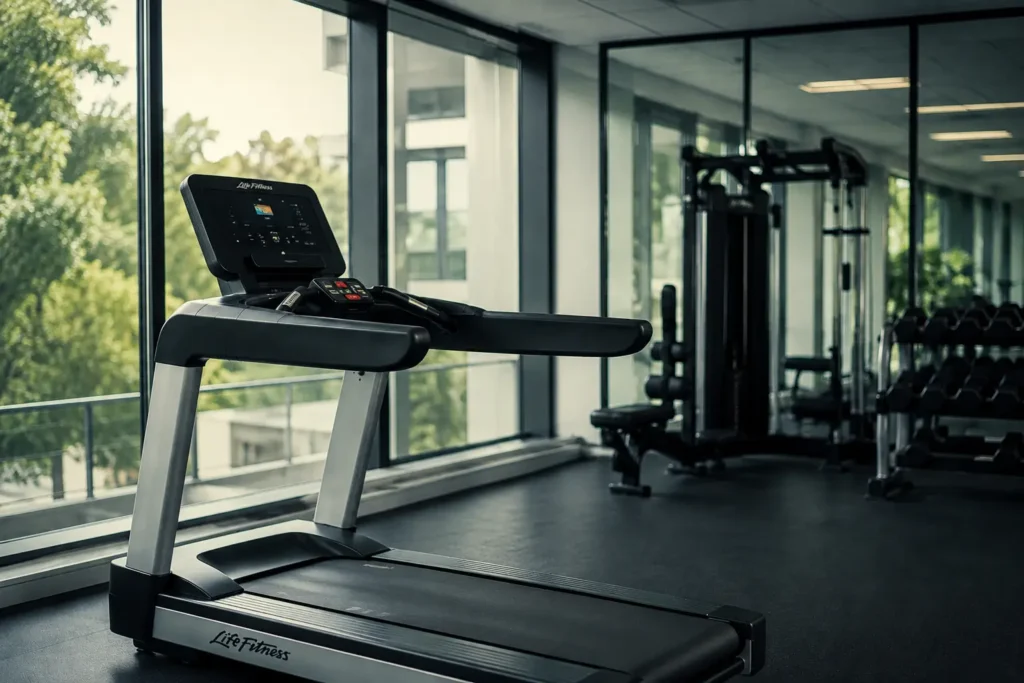 Life Fitness treadmill for knee problems in a modern gym environment designed for low-impact walking and joint-friendly exercise