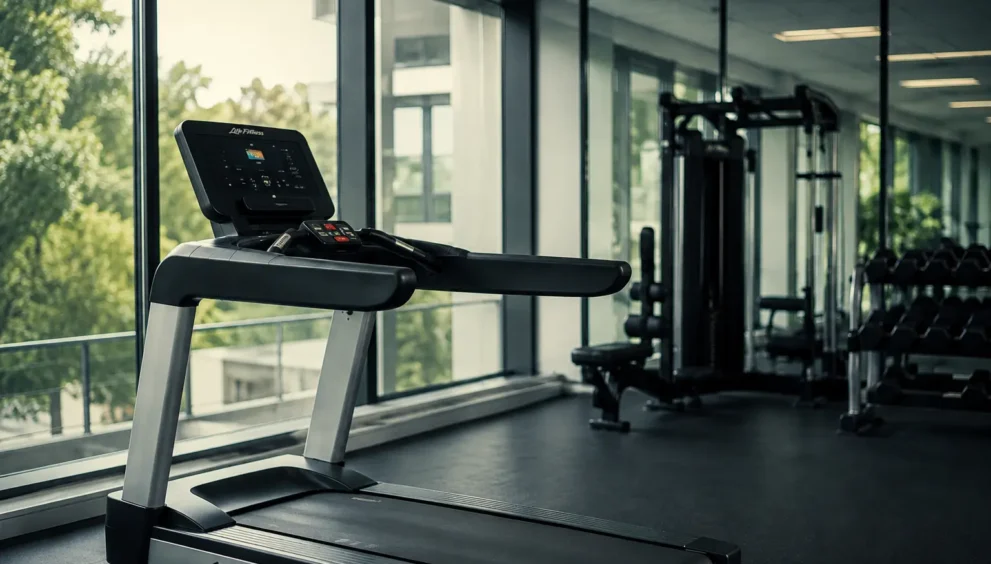 Life Fitness treadmill for knee problems in a modern gym environment designed for low-impact walking and joint-friendly exercise