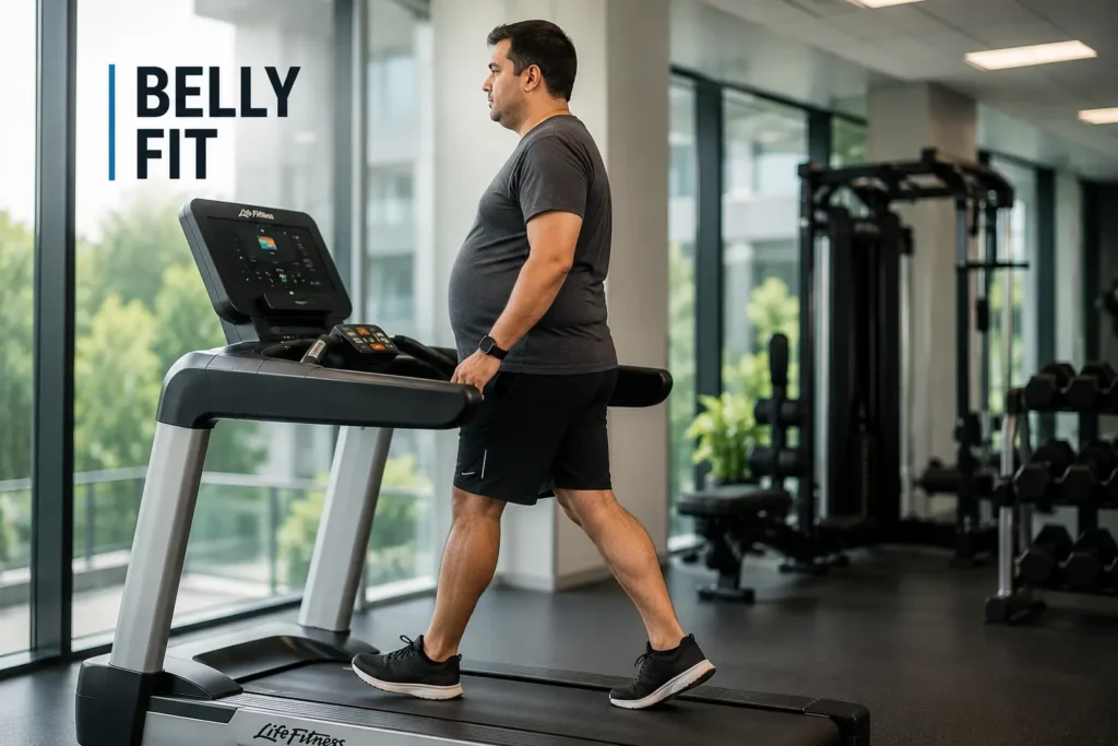 Life Fitness treadmill for belly fat reduction with incline walking workout in a modern gym