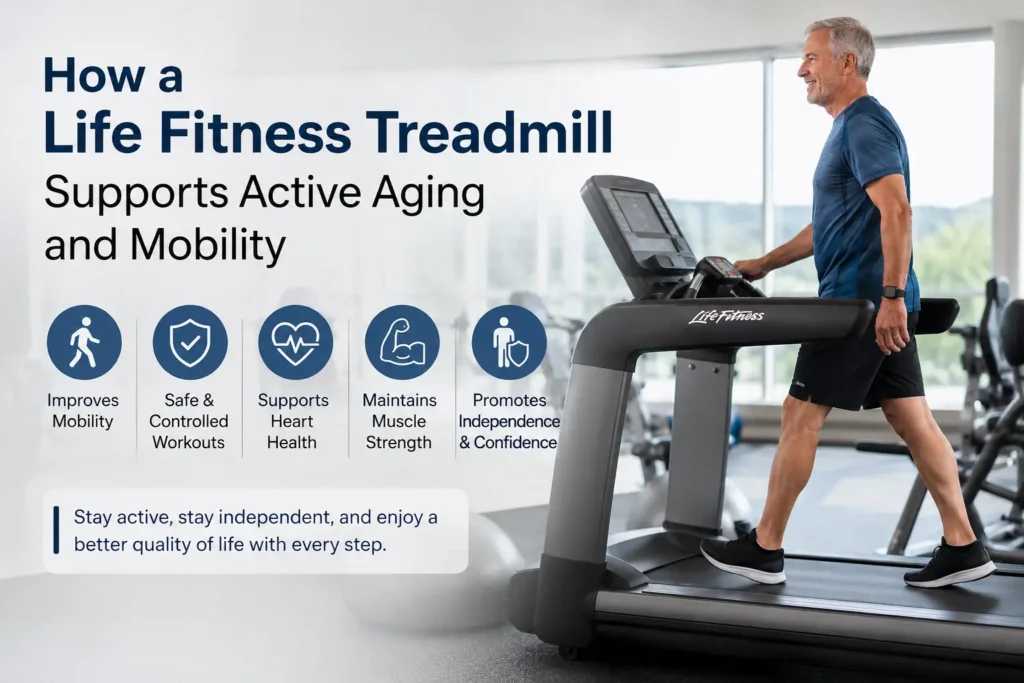 A Life Fitness treadmill supports active aging and mobility in a modern gym setting, showing a senior man walking indoors to improve balance, strength, heart health, and independence.