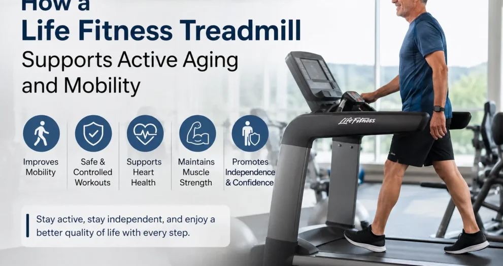 A Life Fitness treadmill supports active aging and mobility in a modern gym setting, showing a senior man walking indoors to improve balance, strength, heart health, and independence.