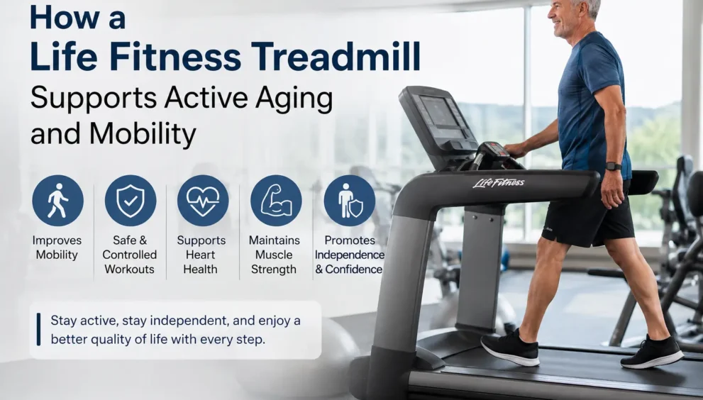 A Life Fitness treadmill supports active aging and mobility in a modern gym setting, showing a senior man walking indoors to improve balance, strength, heart health, and independence.