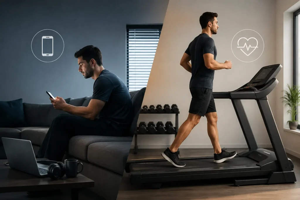 Life Fitness Treadmill for Today's Screen-Focused Lifestyle showing a man replacing sedentary screen time with daily treadmill exercise at home.