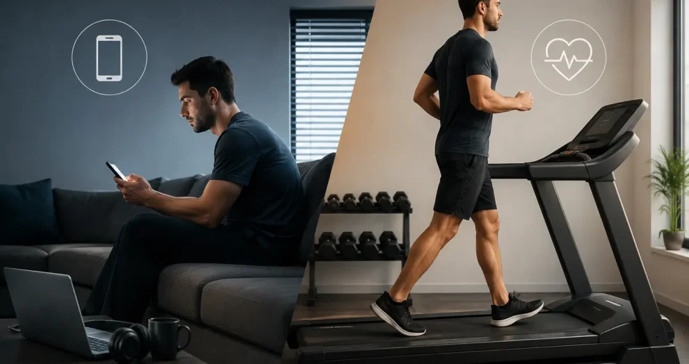 Life Fitness Treadmill for Today's Screen-Focused Lifestyle showing a man replacing sedentary screen time with daily treadmill exercise at home.