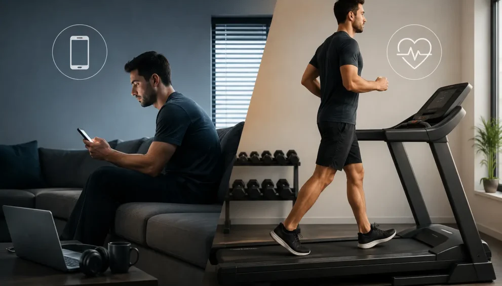 Life Fitness Treadmill for Today's Screen-Focused Lifestyle showing a man replacing sedentary screen time with daily treadmill exercise at home.
