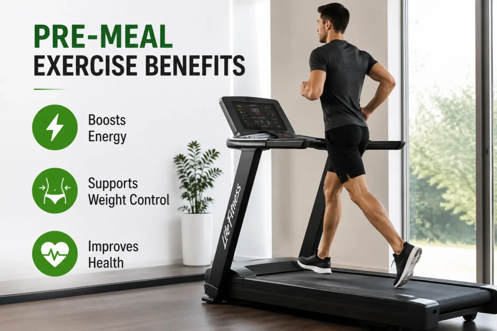 Life Fitness Treadmill user performing a pre-meal workout to support energy, weight management, and overall fitness goals