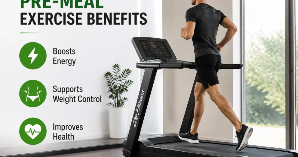 Life Fitness Treadmill user performing a pre-meal workout to support energy, weight management, and overall fitness goals
