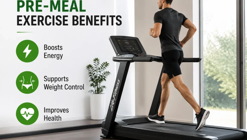 Life Fitness Treadmill user performing a pre-meal workout to support energy, weight management, and overall fitness goals