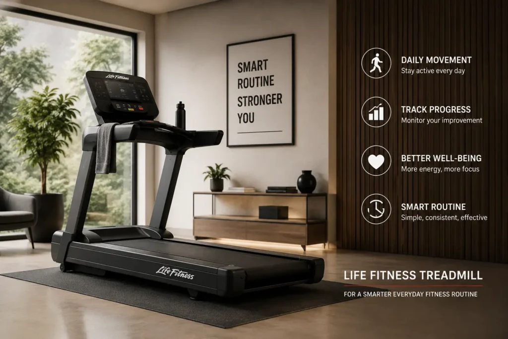 Life Fitness treadmill for a smarter everyday fitness routine in a modern home workout space with a professional indoor fitness setup.