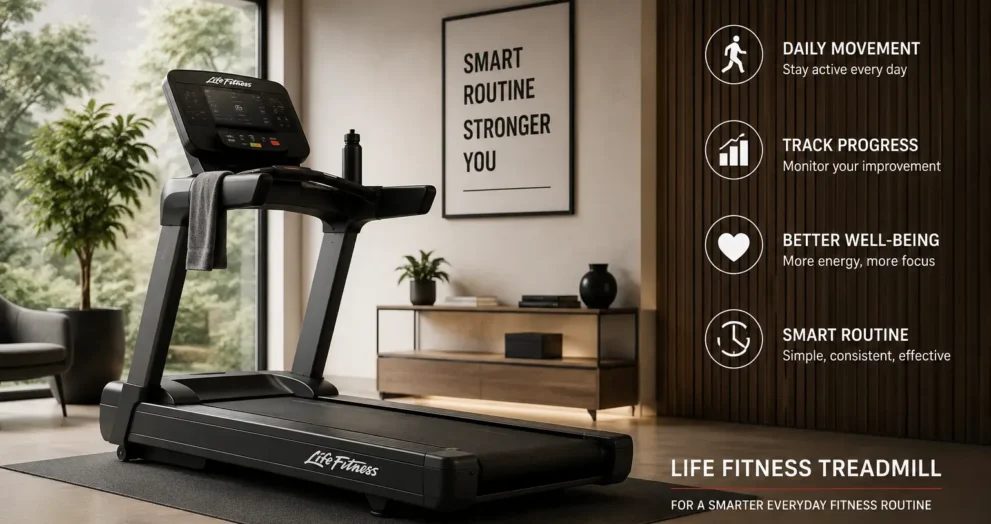 Life Fitness treadmill for a smarter everyday fitness routine in a modern home workout space with a professional indoor fitness setup.