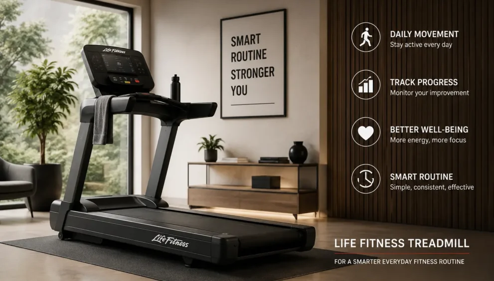 Life Fitness treadmill for a smarter everyday fitness routine in a modern home workout space with a professional indoor fitness setup.