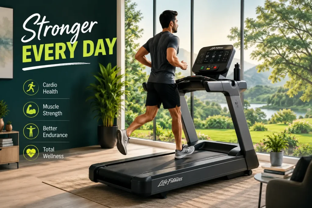 Life Fitness Treadmill Guide to Better Full-Body Wellness with a professional indoor treadmill workout setup and active lifestyle scene.
